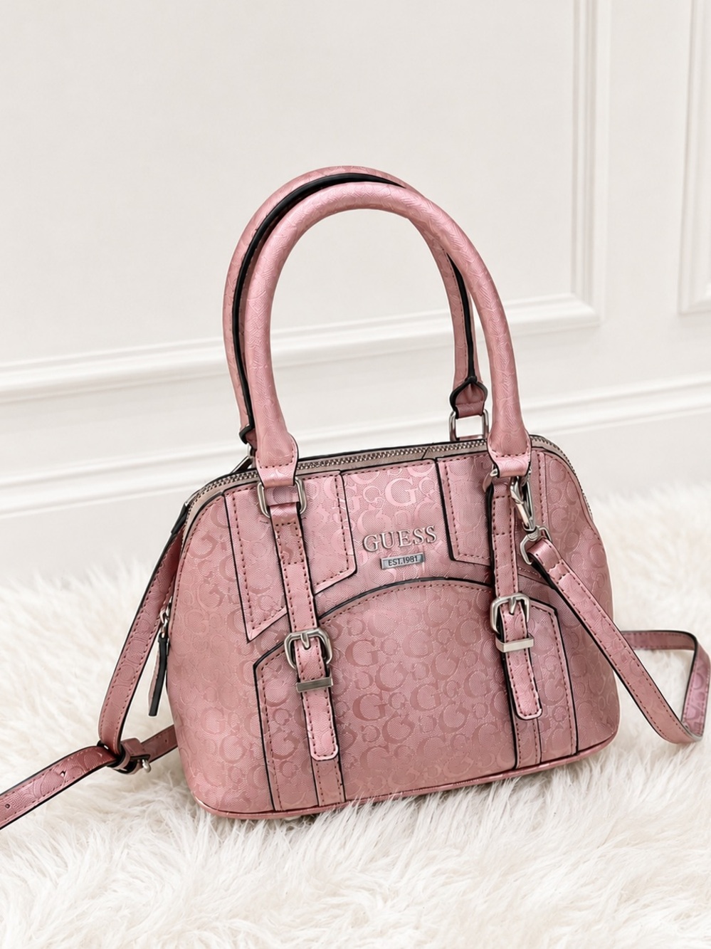 GUESS 1981 Metallic Pink Monogram Dome Satchel Crossbody Rare Vintage